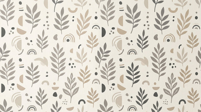 A seamless pattern featuring various leaves and geometric shapes in shades of beige and gray on a cream background with a mix of modern and bohemian elements