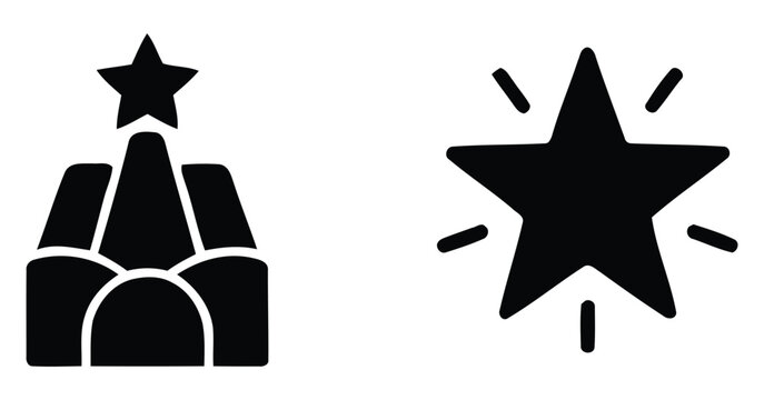 National Memorial Monument Jatiyo Sriti Shoudho Silhouette with Top Star and Glowing Shiny Sparkle Star Milestone Solid Glyph Vector Set