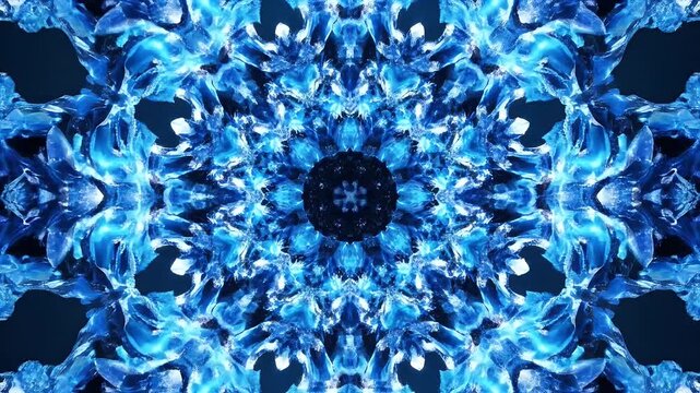 A symmetrical blue crystalline structure glows against a dark background.