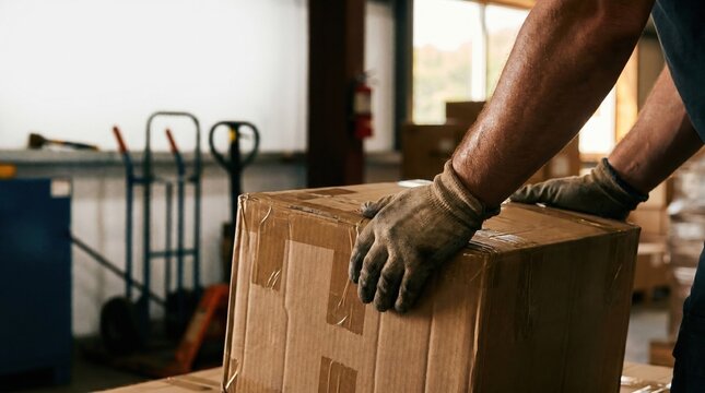 Close up of worker hands wearing gloves lifting heavy cardboard box in warehouse logistics concept.