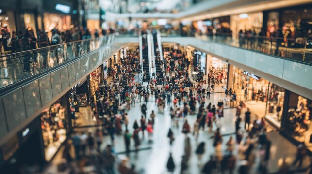 Abstract blurred photo of many people shopping inside department store or modern  shopping mall. Urban lifestyle and black Friday shopping, motion, speed, blurred, group, city, modern