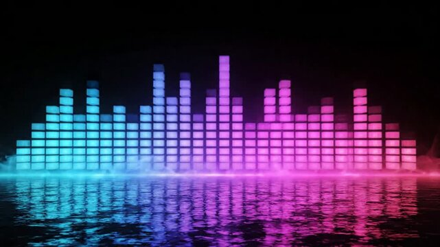 Neon audio equalizer waveform with water reflection, pulsing digital music spectrum background, for dj, concert, and edm visuals