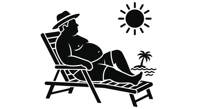 Silhouette of an overweight man relaxing and sunbathing on a deck chair under the sun at the beach.