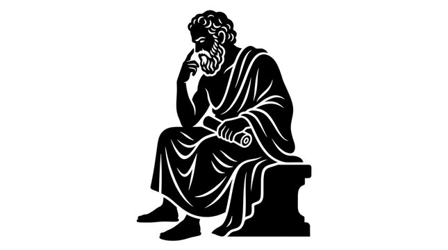 Illustration of a pensive ancient Greek philosopher sitting and holding a scroll