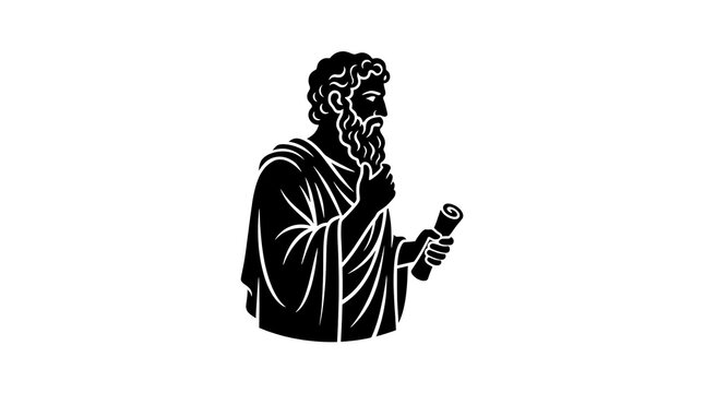 Black and white vector illustration of an ancient Greek philosopher holding a scroll