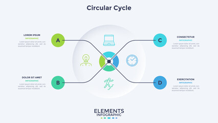 Obraz premium Vector illustration, Circular cycle infographic template with four steps. Modern business diagram for presentation slide. Vector chart for workflow, strategy, marketing data and timeline visualization