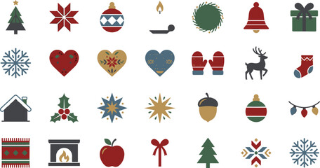 Nordic Christmas icons set vector featuring traditional Scandinavian style holiday decorations winter symbols and rustic ornaments for festive branding graphic design © AdhinChandra