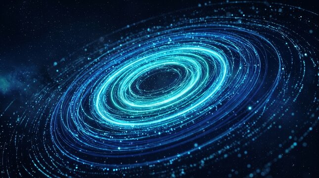 Abstract swirling blue light vortex with glowing particles and stars in deep space, representing energy, motion, galaxy, and cosmic phenomena, futuristic digital art with bokeh effect