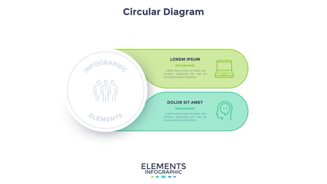 Vector illustration with Circular infographic diagram with two options. Business presentation slide featuring bullet points for data comparison. Digital workflow project management and marketing