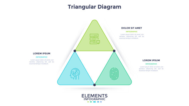 Triangular business diagram with three sections. Infographic vector illustration presentation slide with flowchart design for project management, data analysis, and corporate planning development.