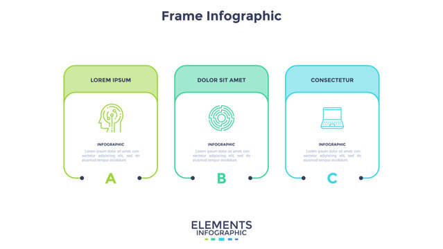 Modern infographic template with three rounded rectangular frames. Vector illustration of a flow chart for business presentation. Step by step process diagram design for data organization.