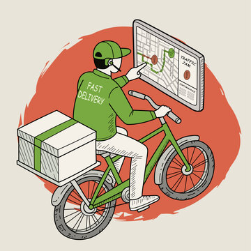 Courier path planning. Fuel efficiency. Logistics isometric illustration. Vector illustration.