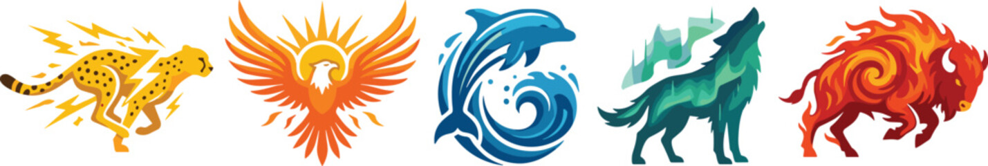 Natural elemental animals mascot vector set featuring lightning cheetah solar eagle water dolphin aurora wolf and fire bison for powerful sports team branding logo designs © AdhinChandra