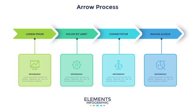 Arrow process infographic with four stages and step boxes. Vector illustration presentation slide with flowchart diagram for business management and workflow planning. Corporate strategy analysis.