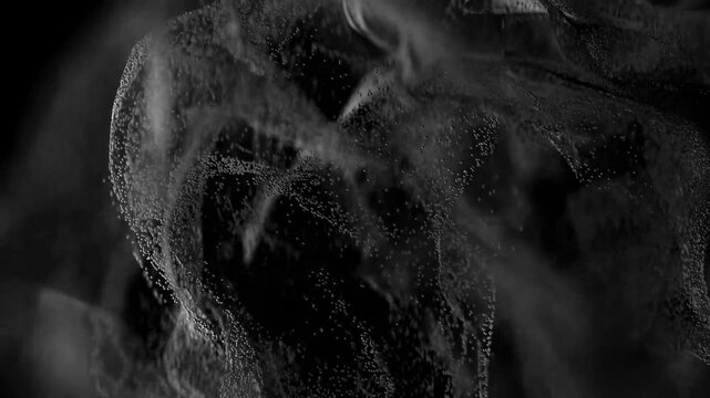 Abstract monochrome particle flow on dark background. 3D render