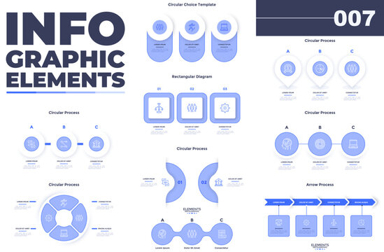 Set of infographic elements in thin line modern style. Vector illustration with business charts and elements for data visualization. Financial reporting and marketing strategy presentation concept.