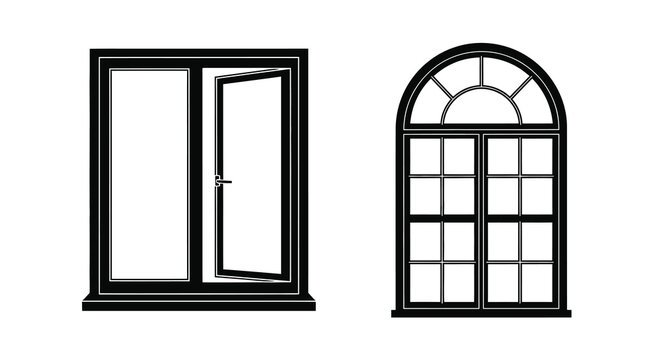 Two window silhouettes rectangular and arched black and white silhouette