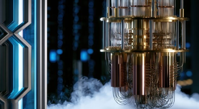 Modern quantum computer in a lab setting with details on its structure and surrounding technology
