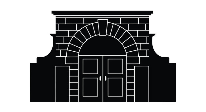 Stone archway with double doors black and white silhouette