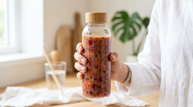 Woman holding glass bottle with infused fruit drink in kitchen  