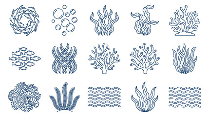 Seaweed and coral line icons collection for ocean life. © GW