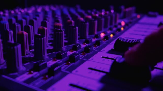 A professional audio mixing console features glowing knobs and faders under vibrant purple neon lighting. The shallow depth of field highlights the intricate details of the soundboard.
