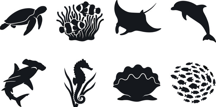 Marine life animals and underwater ocean creatures collection solid black silhouette vector icons set