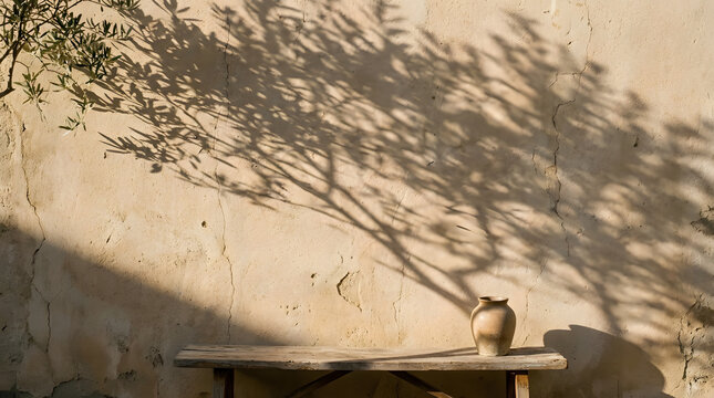 Sunlit mediterranean plaster wall background with tree shadow, wooden bench and a clay pot