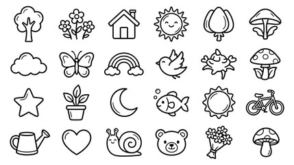Cute nature icons collection in simple outline style. © GW
