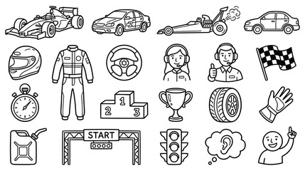 Racing sport doodle set with cars helmets and finish line. © GW