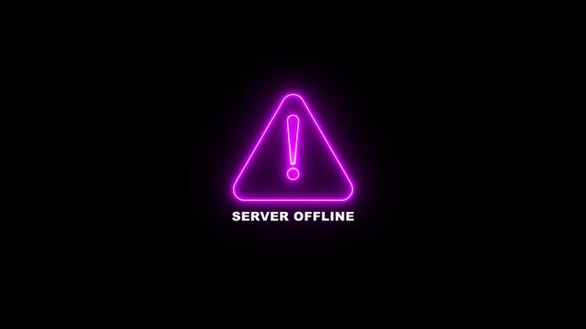 Danger risk alert stop error icon with SERVER OFFLINE text concept on black background. Animation of glowing neon warning attention sign.