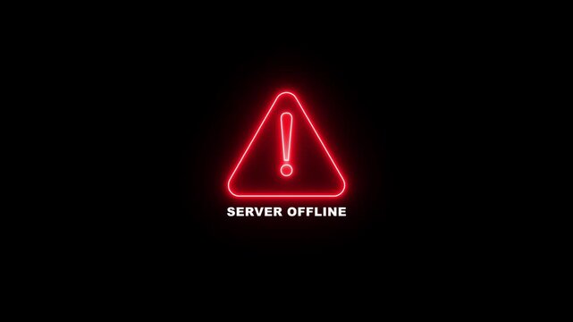 Danger risk alert stop error icon with SERVER OFFLINE text concept on black background. Animation of glowing neon warning attention sign.