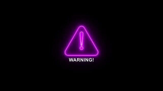 Neon warning attention sign icon with WARNING text animation. Animated of glowing pink color danger error alert risk icon.