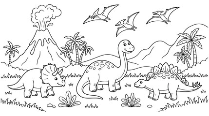 Prehistoric landscape with dinosaurs and active volcano. © GW