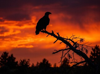 Fototapeta premium Silhouette of a bald eagle perched on a bare branch against a dramatic orange sunset sky