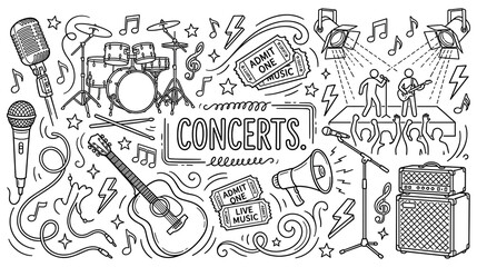 Music concert doodle set with instruments and equipment. © GW