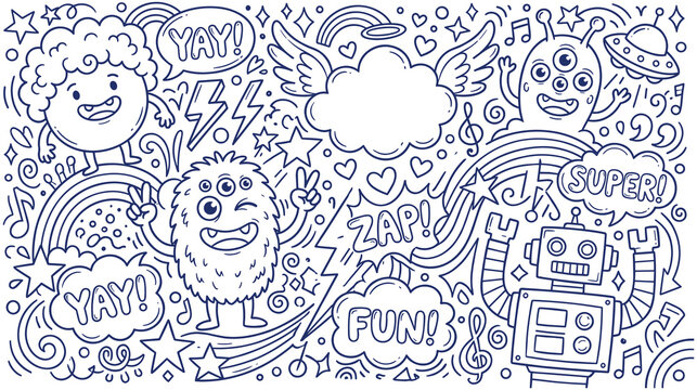 Fun monster and robot doodle with space theme elements.