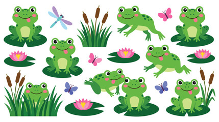 Fototapeta premium Funny green frog characters in pond with lily pads set.