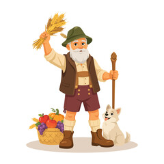 Fototapeta premium Old farmer character with a dog holding a bundle of wheat and a wooden staff with a basket of autumn harvest fruits isolated on white background