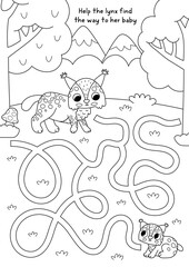 Fototapeta premium Forest animals black and white maze for children with nature scene, mother lynx searching baby. Line labyrinth game. Simple woodland printable activity, worksheet, coloring page with trees