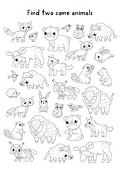 Naklejka premium Find two same forest animals. Black and white matching activity for children. Woodland educational line quiz worksheet for kids. Wildlife printable game, coloring page with fox, wolf, elk, bear, lynx