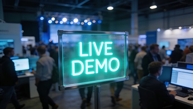 Bright glowing green neon sign displaying live demo text on a metal frame stand positioned centrally within a busy technology trade show convention floor environment