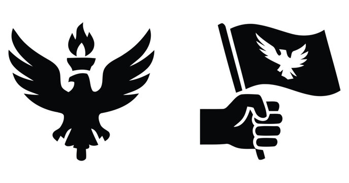 American Patriotic Eagle Holding Torch Flame Silhouette and Hand Waving Freedom Flag Falcon Hawk Bird Solid Glyph Vector Set