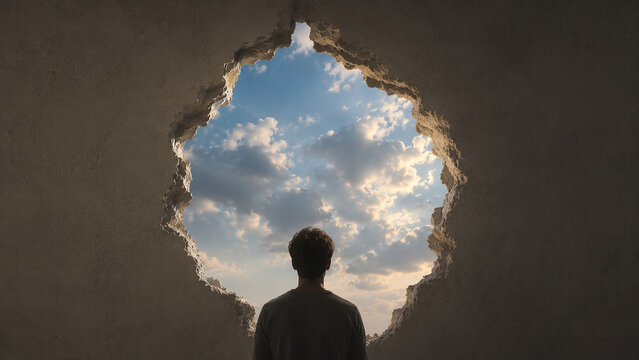 Man Silhouette Standing Before Broken Wall Opening Revealing Blue Sky and Clouds Concept