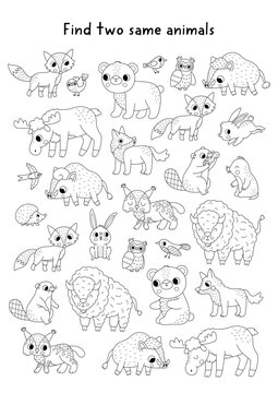 Find two same forest animals. Black and white matching activity for children. Woodland educational line quiz worksheet for kids. Wildlife printable game, coloring page with fox, wolf, elk, bear, lynx
