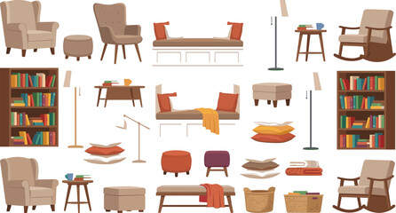 Ultimate cozy living room furniture clipart mega bundle with armchairs bookshelves rocking chairs daybeds lamps and tables vector illustration collection © AdhinChandra