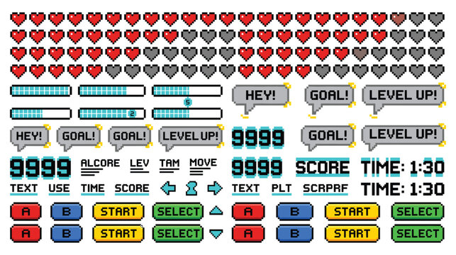 Pixel art game interface elements and icons.