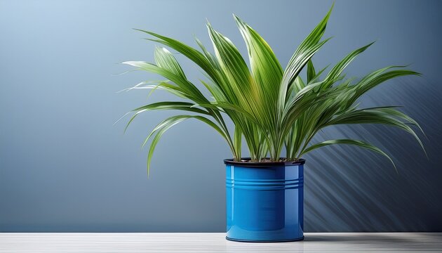 Potted Green Plant With Long Stems And Leaves In A Blue Can