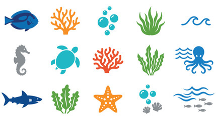 Set of colorful underwater marine life icons collection. © GW
