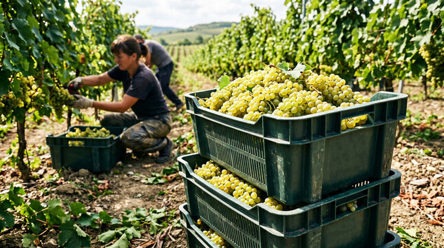 Harvesting grapes in a vineyard: workers handpick white grape bunches, filling crates. Natural, sustainable farming and fresh produce. Perfect for farm ads, wine brands, organic marketing, food blogs.